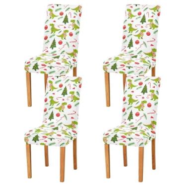 Imagem de Wassud Capas de cadeira de dinossauros de Natal para sala de jantar, capas de cadeira elásticas, capas de cozinha, laváveis, conjunto de 4