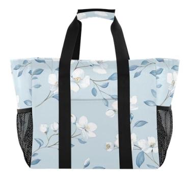 Imagem de Wassud Sacolas de compras reutilizáveis com flores azul-celeste claro grande bolsa organizadora de lona à prova d'água para praia, piquenique, lavanderia, viagem