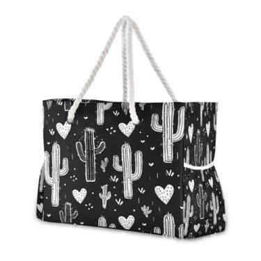 Imagem de Wassud Bolsa de praia feminina grande de cacto e corações, à prova d'água, à prova de areia, bolsa de viagem com zíper e bolso para piscina, academia, acampamento