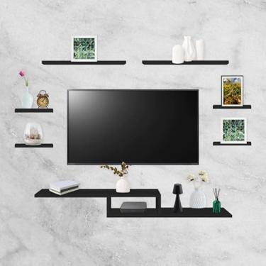 Imagem de Rack Suspenso Para Tv Com Nicho e Prateleiras Preto ou Branco Para sala e quarto(Preto Rack Nicho 8)