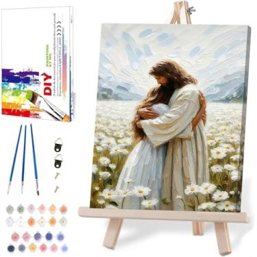 Imagem de Kits de pintura por números para adultos com tela emoldurada - com cavalete de madeira, Jesus abraçando mulher número cristão artista pintura por número em tela, kits de pintura a óleo acrílica DIY