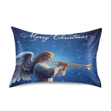 Imagem de Qilmy Fronhas de cetim anjo trompete de Natal, fronha de seda macia respirável com fecho de envelope para sofá-cama, tamanho king 101 x 50 cm