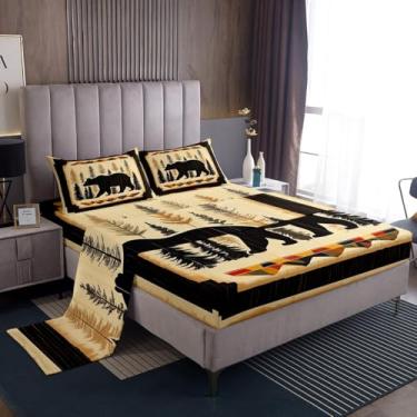 Imagem de Erosebridal Jogo de lençol Queen rústico com urso preto, animais de caça, casa de fazenda, vida selvagem, campo, pinheiro, vintage, 1 lençol com elástico, 1 lençol de cima e 2 fronhas