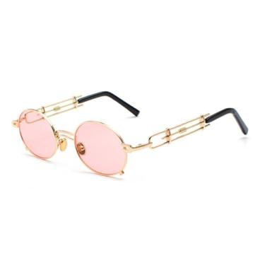 Imagem de JRLLFD Óculos de sol steampunk masculino, armação de metal retrô, dourado, preto, oval, UV400 (dourado, rosa)