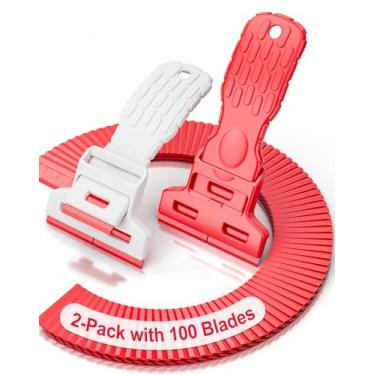 Imagem de Raspador de lâmina de barbear de plástico de largura dupla sem arranhões - pacote com 2 com 100 lâminas, cabeça larga única ou dupla, remove adesivos, etiquetas, adesivos, adesivos e tinta em vidro