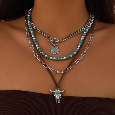 Imagem de Colar Boho Western em camadas para mulheres, joia turquesa, roupa de concerto, roupa de vaqueira, moda moderna, presentes de amizade para mulheres, presentes de Natal, Dia dos Namorados, Medium, Latão