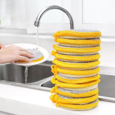 Imagem de Conjunto de 6 peças de esponjas de lavar louça de dupla face: almofadas redondas sem arranhões ideais para limpar pratos, panelas, pia e bacia na cozinha (amarelo)