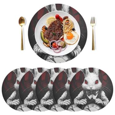 Imagem de Jogo americano de relógio de coelho branco para uso ao ar livre, conjunto de 6 jogos americanos laváveis para cozinha, mesa de jantar, 38 cm, redondo, para uso interno, PVC, redondo