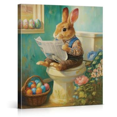Imagem de Arte de parede vintage coelhinho Páscoa banheiro impressão floral ovos de coelho no vaso sanitário pintura imagem Páscoa casa de fazenda banheiro decoração de parede 20 x 25 centímetros emoldurado