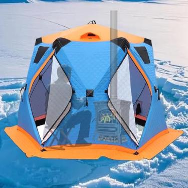 Imagem de Abrigo isolado resistente para pesca no gelo, barraca portátil grande 6 a 12 pessoas com chaminé para aquecimento, barraca de pesca de inverno, design hexagonal pop-up e fácil transporte-Blue||3.3