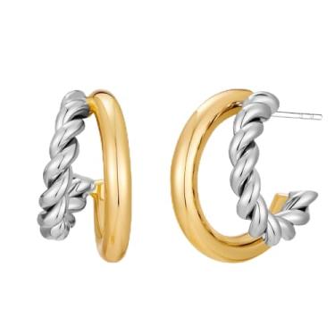 Imagem de Brincos de argola de prata e ouro para mulheres, brincos modernos de dois tons, brincos de argola dupla aberta grossa para presentes de joias, Latão, Sem pedra preciosa