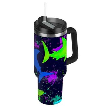 Imagem de Copo térmico Sharks verde neon azul escuro com tampas e canudos, copo térmico de 1,134 g com alça, garrafas de água, copo de café isolado de aço inoxidável para carro