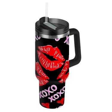 Imagem de Joisal Copo de batom branco vermelho Kisses preto com tampa e canudos à prova de vazamento copo de 850 g com alça garrafa de água isolada aço inoxidável carro copo de café