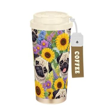 Imagem de TSENQUE Caneca de café de viagem de 473 ml com canudo e tampa, caneca de café de aço inoxidável à prova de vazamento para escritório, escola, festa, acampamento, cachorros, pug fofos, girassóis