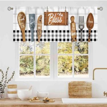 Imagem de TKUYO Cortinas de sanefa para cozinha, garfo rústico e colher tábua de tábua de madeira tema de cozinha bolso de haste pequena cortinas de saia de janela pequena para café, sala de estar, quarto