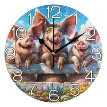 Imagem de GAIGEO Relógio de parede analógico decorativo divertido alimentado por bateria relógio de cozinha fofo, decoração de parede vintage, sala de estar, animal porco fofo, 25 cm, ponteiros pretos