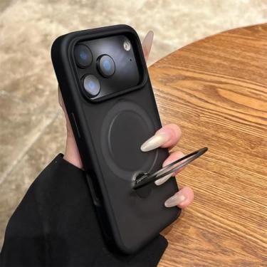 Imagem de SFDSUH Capa protetora magnética para iPhone 16 Plus com suporte de metal para carro (para iPhone 16 Plus/preta)