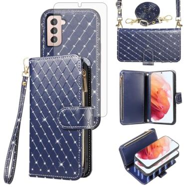 Imagem de Capa carteira compatível com Samsung Galaxy S21 5G 6,2 polegadas com zíper, protetor de tela para celular, alça transversal, com glitter, flip e porta-cartões, capa para celular para S 21 21S G5