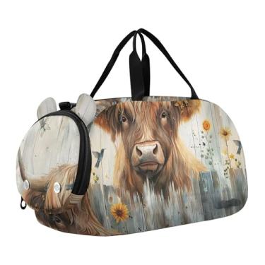 Imagem de Bolsa esportiva para meninos Highland Cow Pink Glasses Overnight Weekender Bolsa de viagem para meninas, girassóis rústicos de vaca highland pássaros, Clássico
