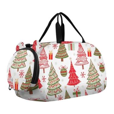 Imagem de Lindas bolsas de viagem brancas com cara de gato para meninas, bolsa de viagem para fim de semana, dança noturna, bagagem de mão para meninos, Árvores de Natal vermelhas e verdes, Clássico