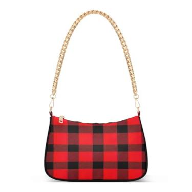 Imagem de Bolsa de ombro com corrente vermelha preta xadrez buffalo, bolsa feminina com grande capacidade, bolsa Hobo versátil para uso diário e noite