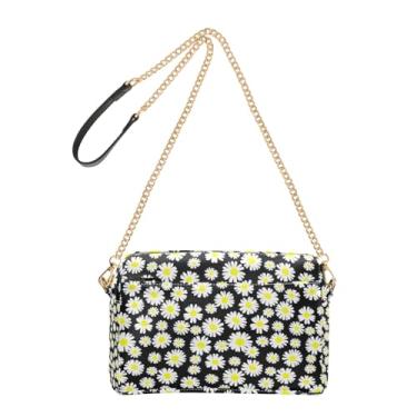 Imagem de Joitme Chic White Daisies Bolsa feminina tiracolo preta de couro PU bolsa de ombro com alça de corrente para celular