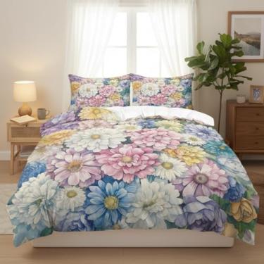 Imagem de CCoutueChen Conjunto de edredom vintage floral, tamanho casal, estampa de flores coloridas, conjunto de cama para meninas e adolescentes, 3 peças de microfibra macia e fofa com 2 fronhas/79 x 90