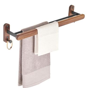 Imagem de Toalheiro de armazenamento de banheiro montado na parede, prateleira de haste dupla de alumínio de madeira e espaço, adesivo sem perfuração, organizador para toalhas e roupões