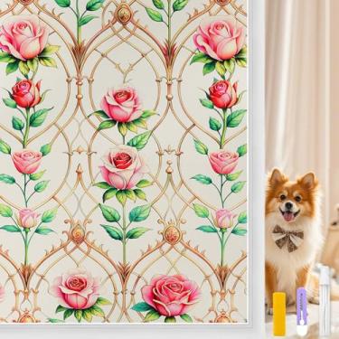 Imagem de Countewol Película de janela estática fosca, película de privacidade de vitral com padrão rosa, proteção UV antirreflexo, adesivos decorativos removíveis de janela para casa/banheiro (rosa rosada, 90