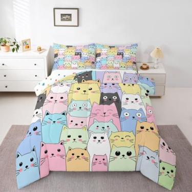 Imagem de Feelyou Conjunto de edredom de gato, tamanho solteiro, para meninas, crianças, fofo, colorido, tema de desenho animado, decoração de quarto de crianças, conjunto de cama de microfibra ultramacia