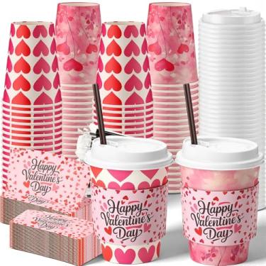 Imagem de Tanlade 50 conjuntos de xícaras de café descartáveis para Dia dos Namorados com tampas e mangas, canudos, copos de papel coração de amor de 340 g para chá de cacau quente, bebida, artigos de festa dos