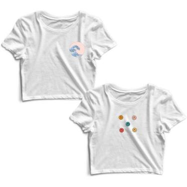 Imagem de Kit 2 Blusas Cropped Tshirt Feminina Paisagem Mar e Emojis Felizes - G