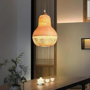 Imagem de Luminária pendente de bambu E27 estilo retrô, feita à mão, com cúpula de rattan em formato de lâmpada, estilo cesta vintage, ideal para sala de jantar, sala de estar, restaurante, quarto e c