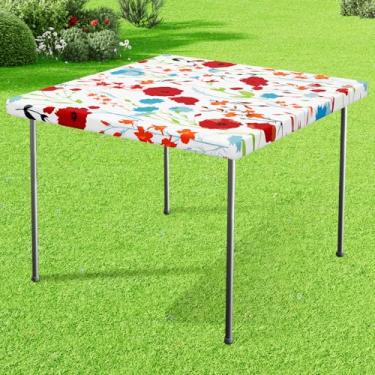 Imagem de misaya Toalha de mesa quadrada de vinil, capa de mesa ajustada, 100% à prova d'água, borda elástica, forro de flanela, toalha de mesa de plástico para mesas dobráveis para piquenique, acampamento, ao