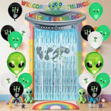 Imagem de Bafeil 24 peças de suprimentos de decoração de festa de aniversário alienígena - banner de porta de nave espacial balão alienígena vaca com cortina de franja azul para tema espacial aniversário festa