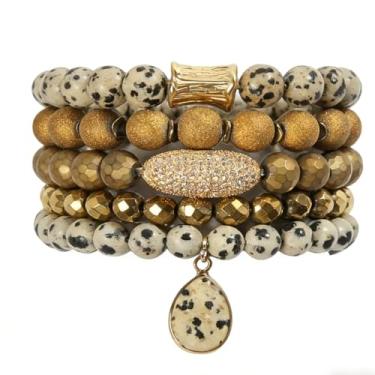 Imagem de ZOSOJONA Pulseiras femininas Boho com contas, 5 peças, contas de ágata turquesa, conjunto de pulseiras elásticas com pedra natural e cristal, pulseiras empilháveis da amizade, joias presentes para