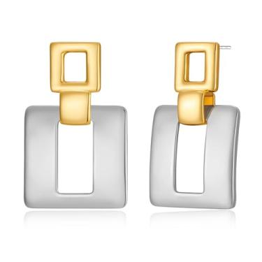 Imagem de MUYAN Brincos femininos pendentes geométricos dourados prateados com elos escovados, joias modernas, Latão, Sem pedra preciosa