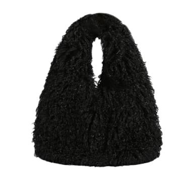 Imagem de Auhoho Bolsa Hobo Feminina Fofa de Pele Sintética Fuzzy Furry Mongolian Grande Bolsa Bolsa de Ombro, Preto