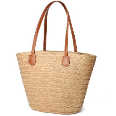 Imagem de Hommtina Bolsa de praia de palha - Bolsa de ombro feminina transversal, Cáqui 7, Clássico