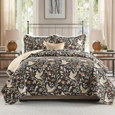 Imagem de DUOHONG Conjunto de colcha 100% algodão tamanho Queen – edredom acolchoado floral, estampa de pássaro botânico reversível, colcha queen da fazenda, roupa de cama leve vintage chique, 3 peças, carvão