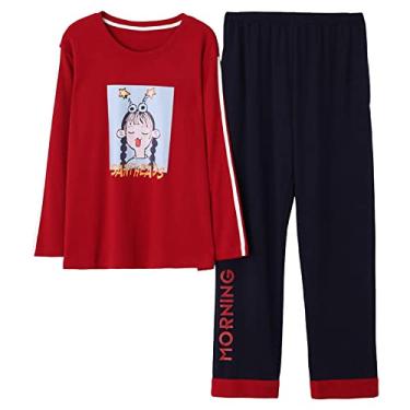 Imagem de HHHJQFAAT Pijama feminino estampado de desenho animado feminino gola redonda manga longa solto 2 peças pijama casual (vermelho X)