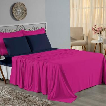 Imagem de Jogo De Cama Queen Nobre 4 Peças Lençol Com Elástico De 30cm De Altura Malha 100% Algodão - Pink / Azul-marinho