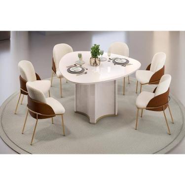 Imagem de Conjunto: Mesa de Cozinha Chanel c/ Tampo Madeirado c/ Vidro Orgânico 136x136cm e 6 Cadeiras Vitta Off White - Boucle Perola/Terracota - DJ Móveis