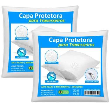 Imagem de Kit 2 Capas Travesseiro Impermeável Branca 50cm x 70cm Com Zíper e Hip