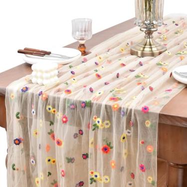 Imagem de Caminho de mesa transparente floral bordado, 30 x 182 cm, cachecol com padrão de flores coloridas para mesa de jantar, peça central, decoração de cozinha de casa