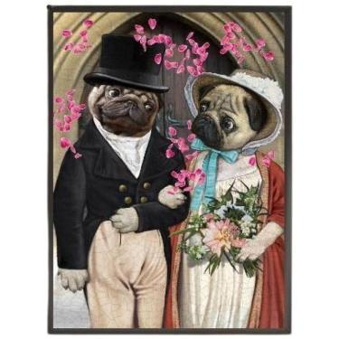 Imagem de Quadro Decorativo Casamento Pug 24X18Cm - Madeira Preta