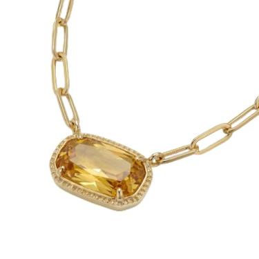 Imagem de DEPHINI Colar com pingente feminino – Colar com clipe de papel banhado a ouro 18 K com zircônia cúbica de corte esmeralda rosa – Presente moderno para ela, Small, Metal, Zircônia cúbica