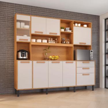Imagem de Kit Cozinha Compacta Nápoles em Madeira com Tampo MDF 220cm Off White e Cinamomo Moderno