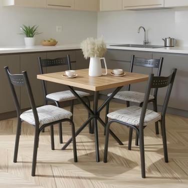 Imagem de Kit 2 Cadeiras De Jantar De Ferro Preto Assento Estofado