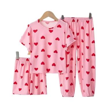 Imagem de Conjunto de Pijama Infantil Feminino Verão - 3 Peças, Manga Curta e Ca